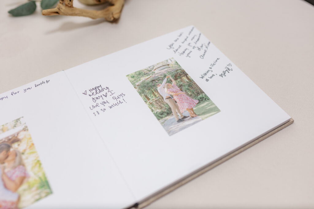 wedding book for guests to sign with engagement photos printed inside.