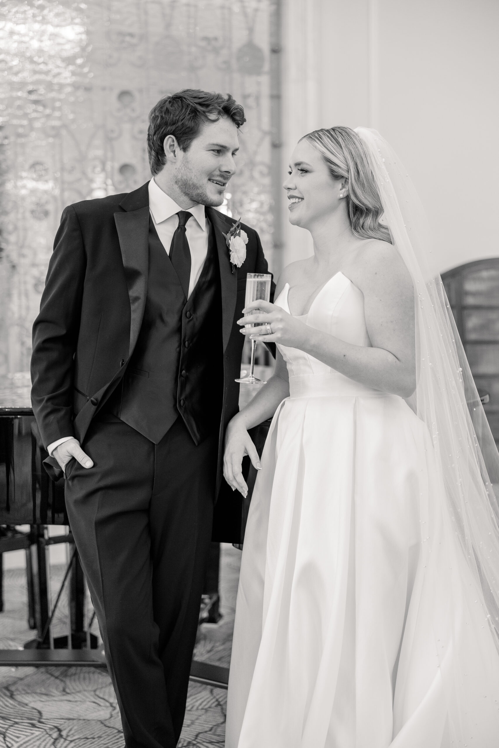 bride and groom in black and white