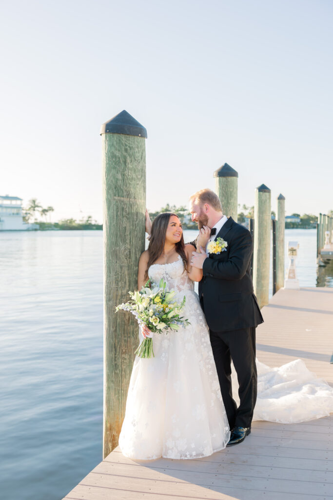 Blue and yellow wedding florals at Florida yacht club wedding