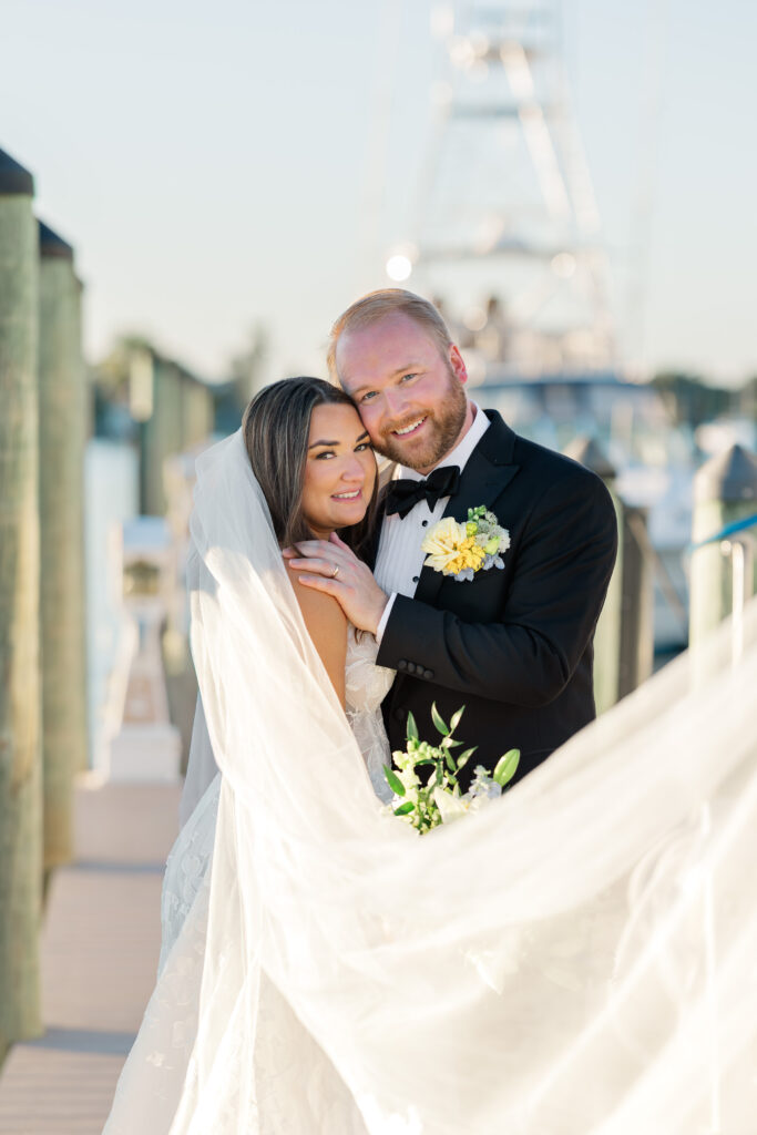 Blue and yellow wedding florals at Florida yacht club wedding
