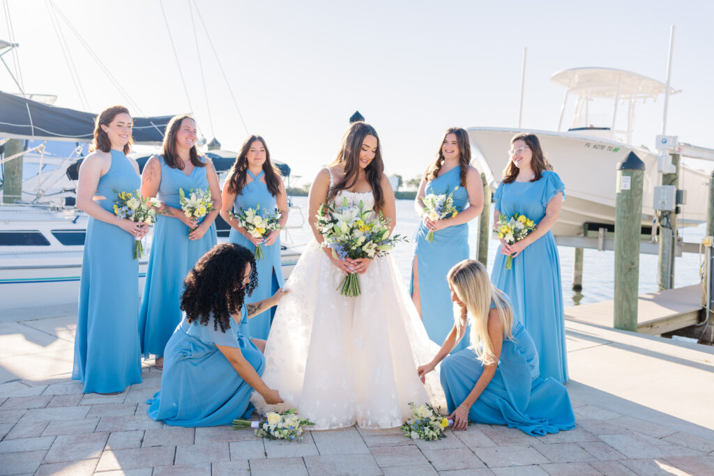 Blue and yellow wedding florals at Florida yacht club wedding