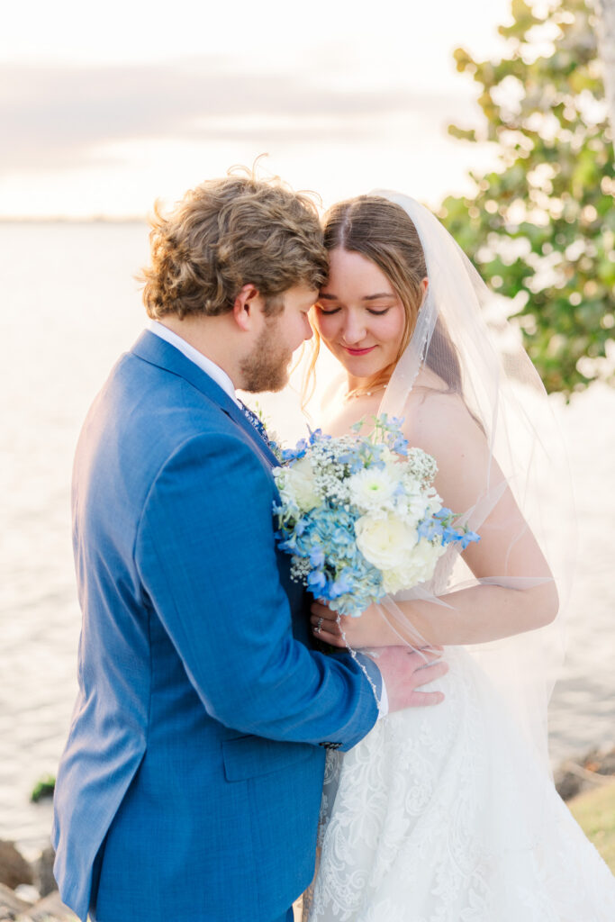 Bride and groom portrait during golden hour at Merritt Island backyard wedding