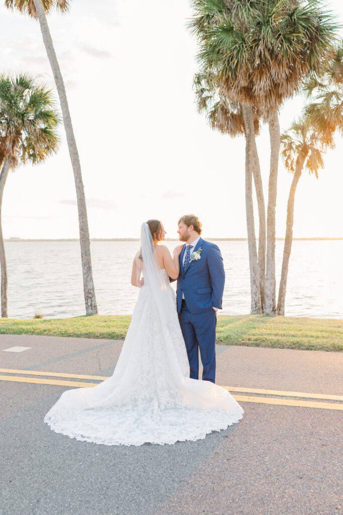Bride and groom portrait during golden hour at Merritt Island backyard wedding
