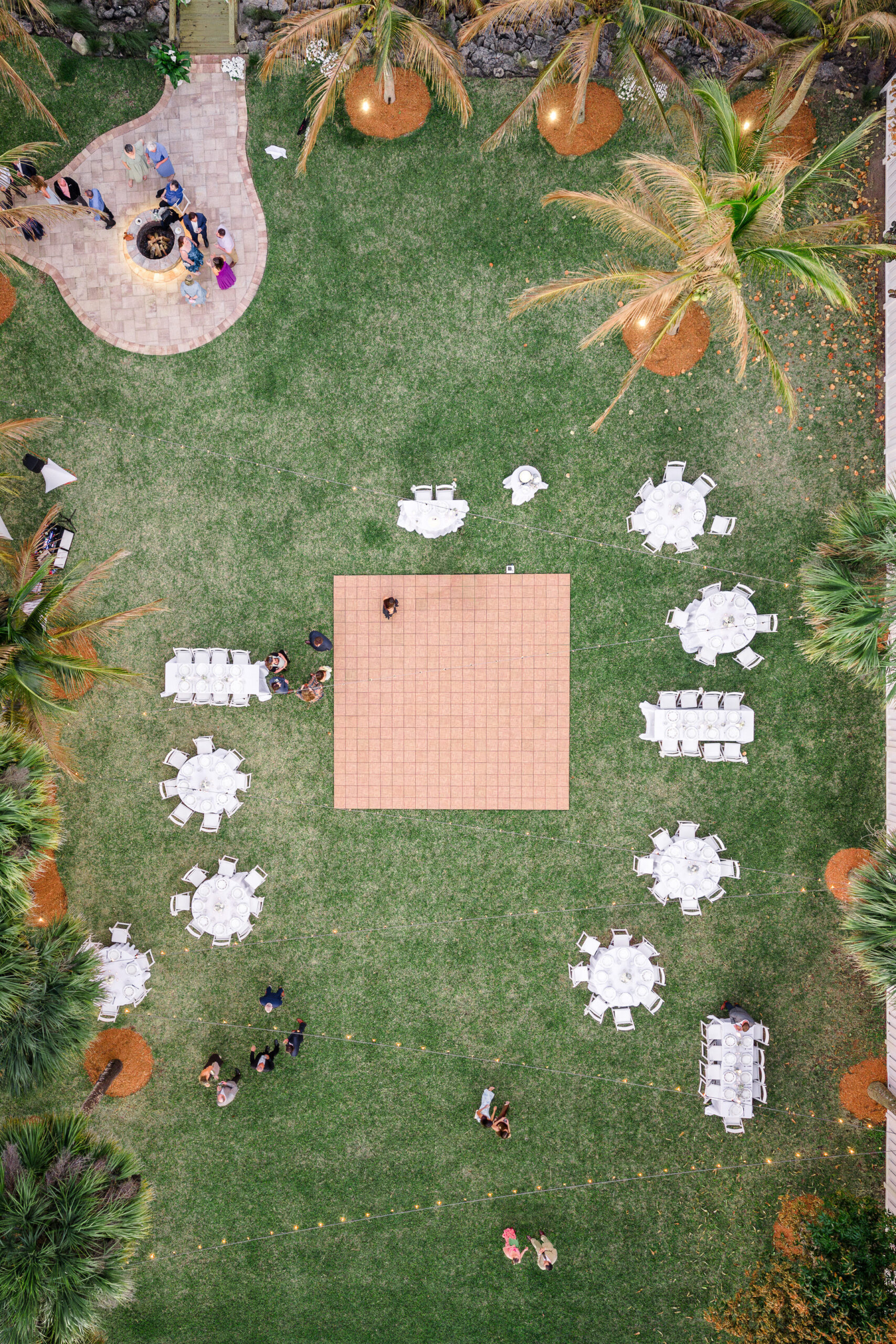 Drone view of reception and ceremony area in merritt island backyard wedding