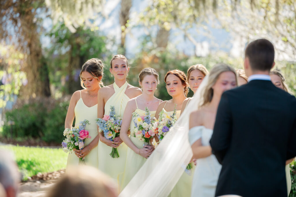 Butter yellow bridesmaid dresses outdoor wedding