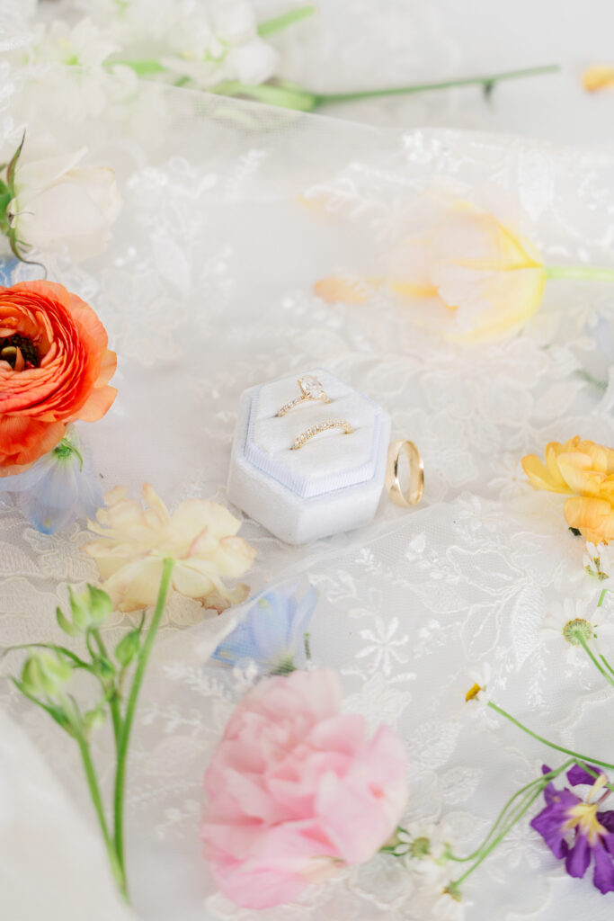 Spring bridal bouquet colorful elegant wedding flowers flat lay